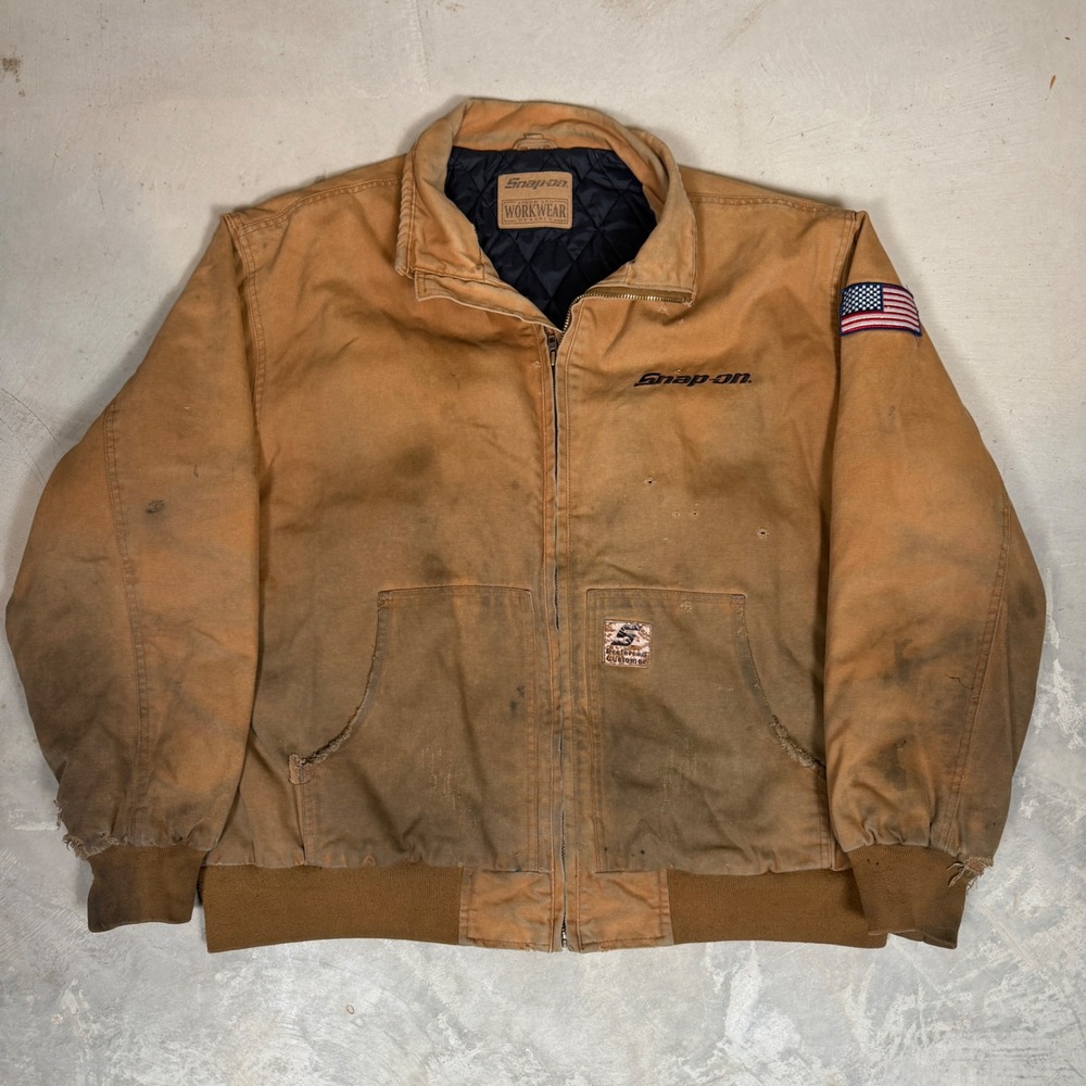 Snap-On Tools Tough Workwear Canvas Jacket XXL Brown Distressed Quilted Bomber